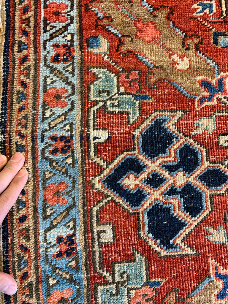 HIGH-CALIBER Antique Persian Heriz in Rare Lattice Design | Deep Indigo, Rich Red, Linen, Camel | 9 x 11.6