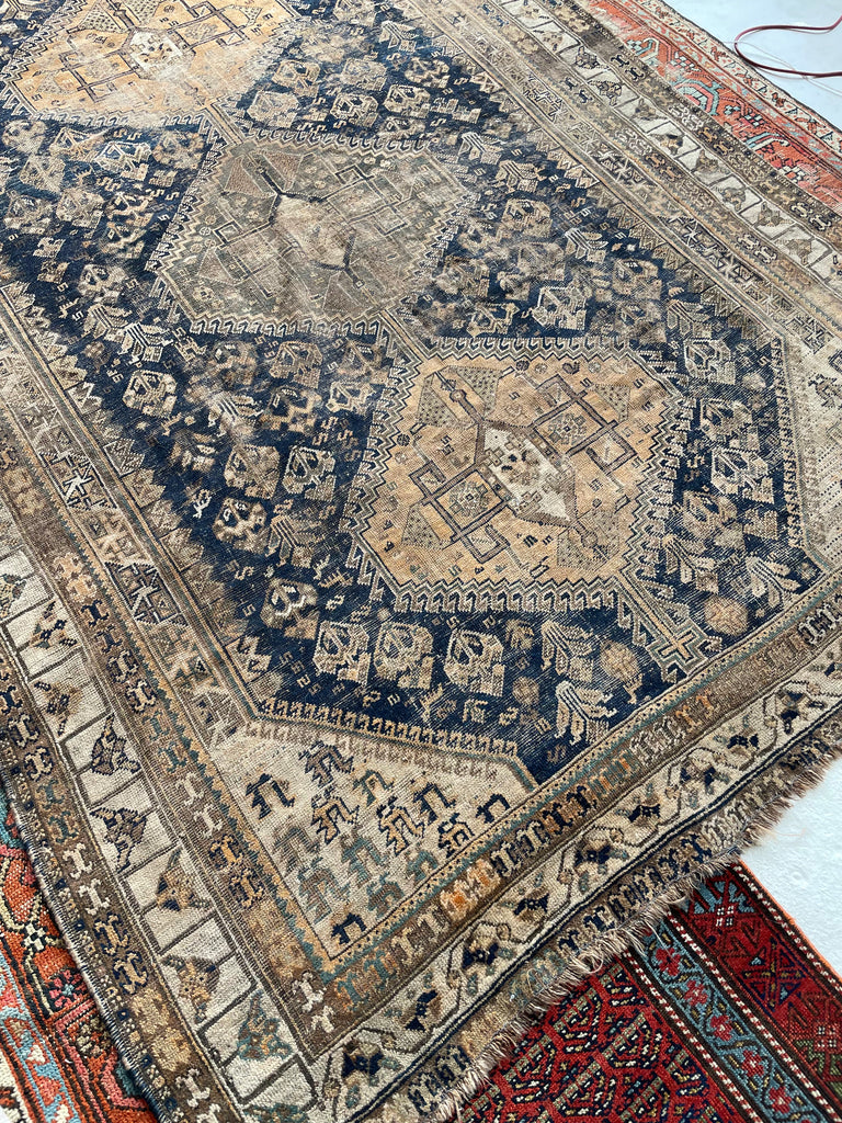 RESERVED FOR SHOOT*** STUNNING Antique Southwest Khamseh Shiraz | Dusty Cantaloupe, Midnight Blue, Earthy Chestnut | 6.5 x 9.6