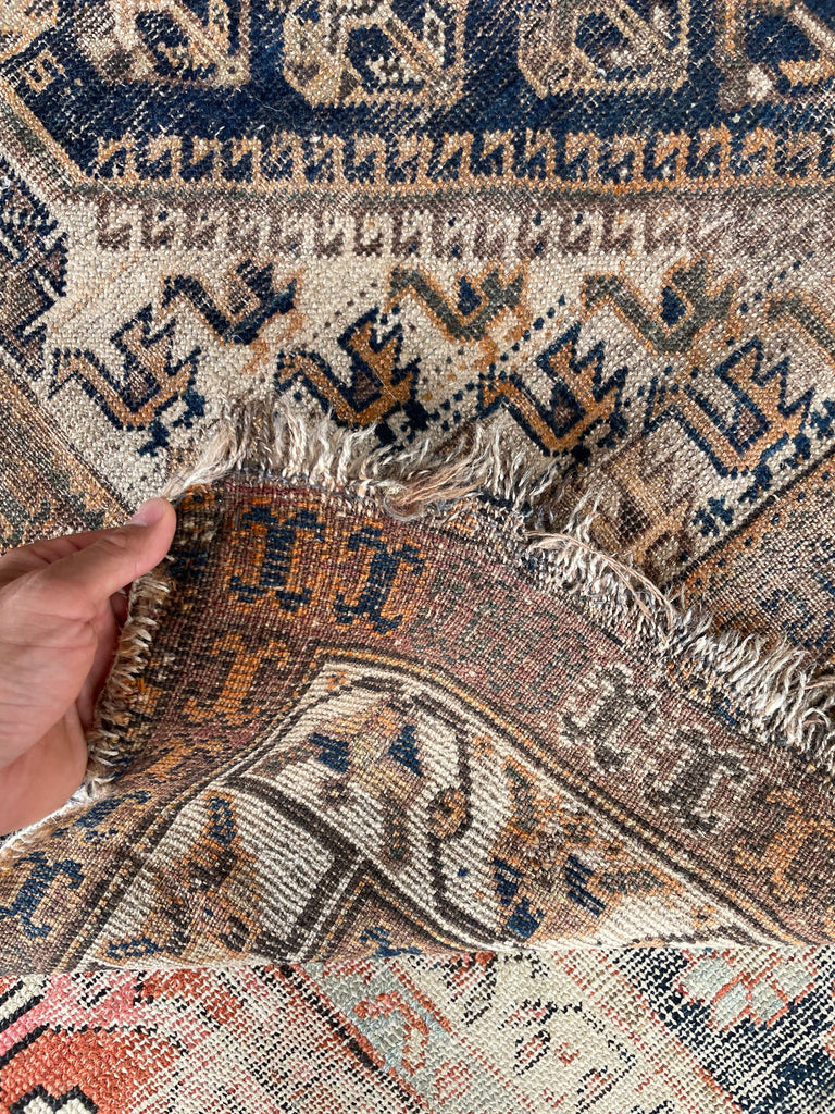 STUNNING Antique Southwest Khamseh Shiraz | Dusty Cantaloupe, Midnight Blue, Earthy Chestnut | 6.5 x 9.6