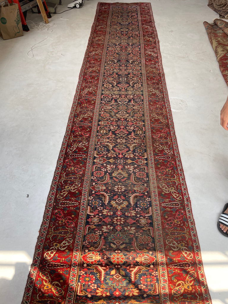 RAW BEAUTY Antique Halvai Bidjar Runner | GORGEOUS Boteh Border with Lime Greens | 3.6 x 17.7