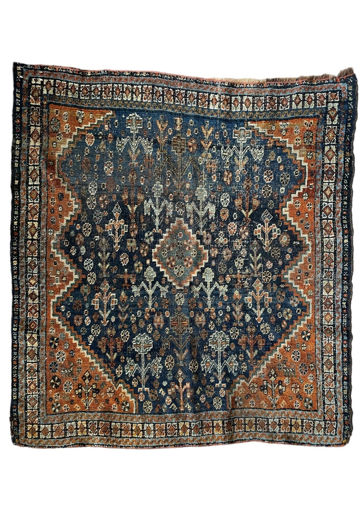 SOLD | SQUARE Vintage Southwest Persian Shiraz Khamseh | Moody Indigo & Tangerine | 4 x 4.5
