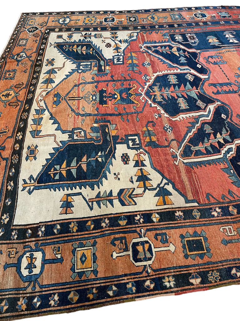 ASTONISHING Antique Persian Serapi 👑 KING of KINGS 👑  | World Class DIAMOND Textile in Terracotta, Sunset-Clay & Indigo | 9.8 x 16
