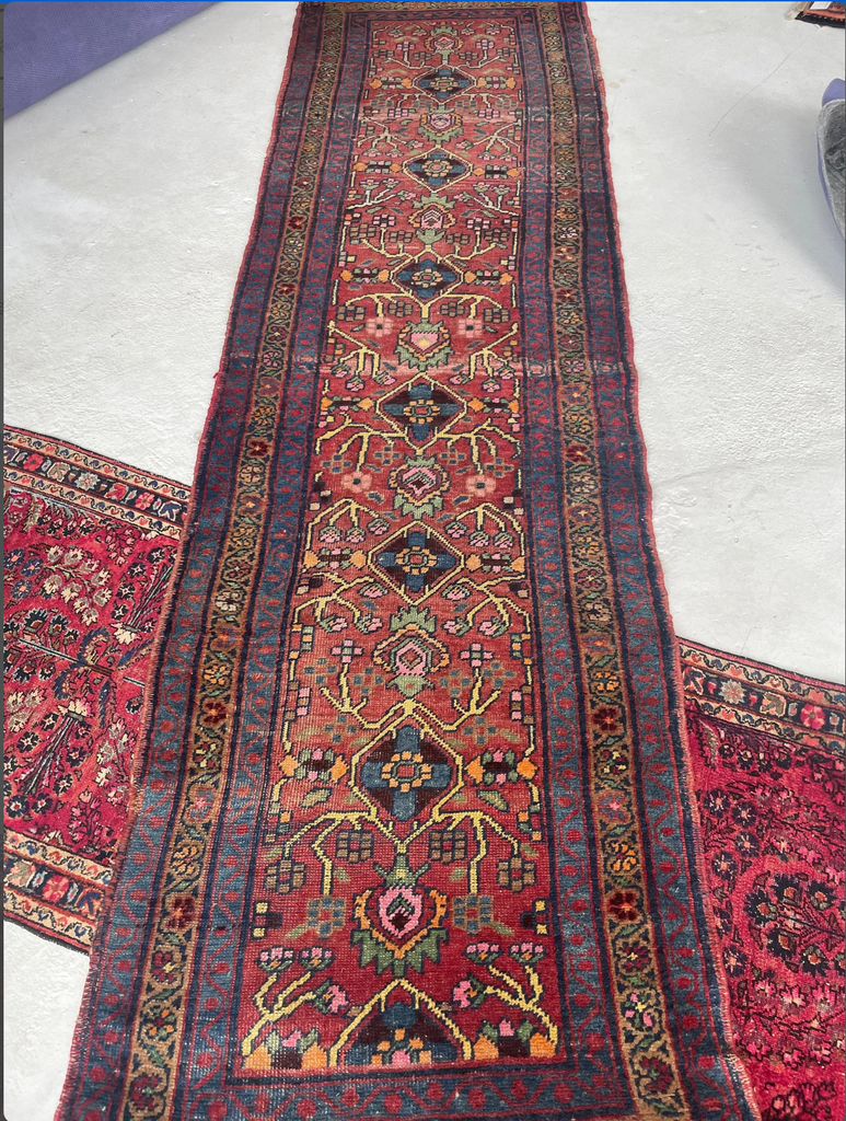 FUNKY Vintage Tribal Runner with Lime Green, Lemon, Tangerine & Denim Blue with Khotan Pomegranate Border | 3 x 10