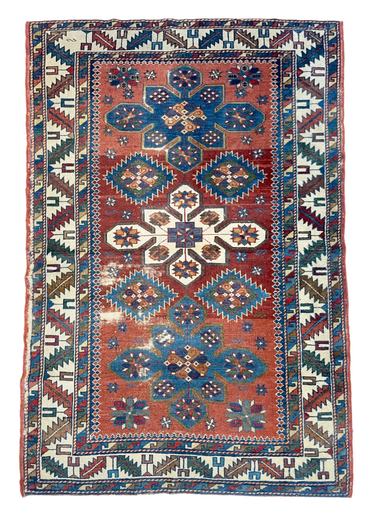 Tri-Medallion Antique Caucasian Kazak Rug | Rust & Strawberry Abrash | 3.2 x 5.5