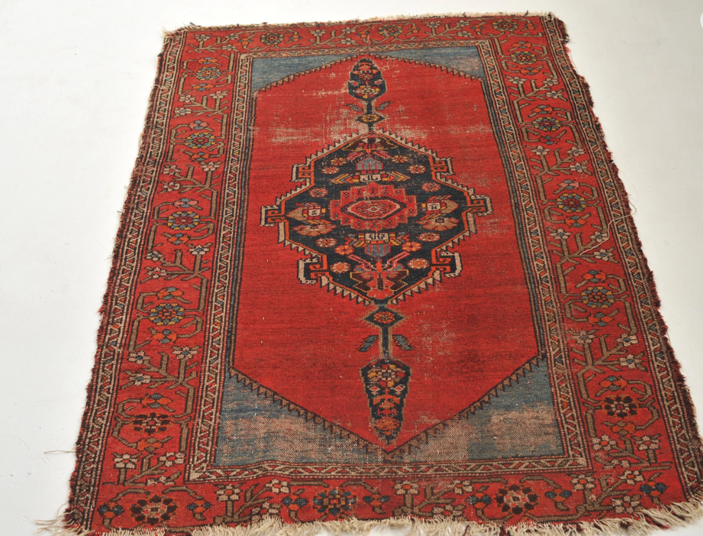 3.8 x 5.4 | Bold and Powerful Distressed Antique Tribal Rug with amazing worn look
