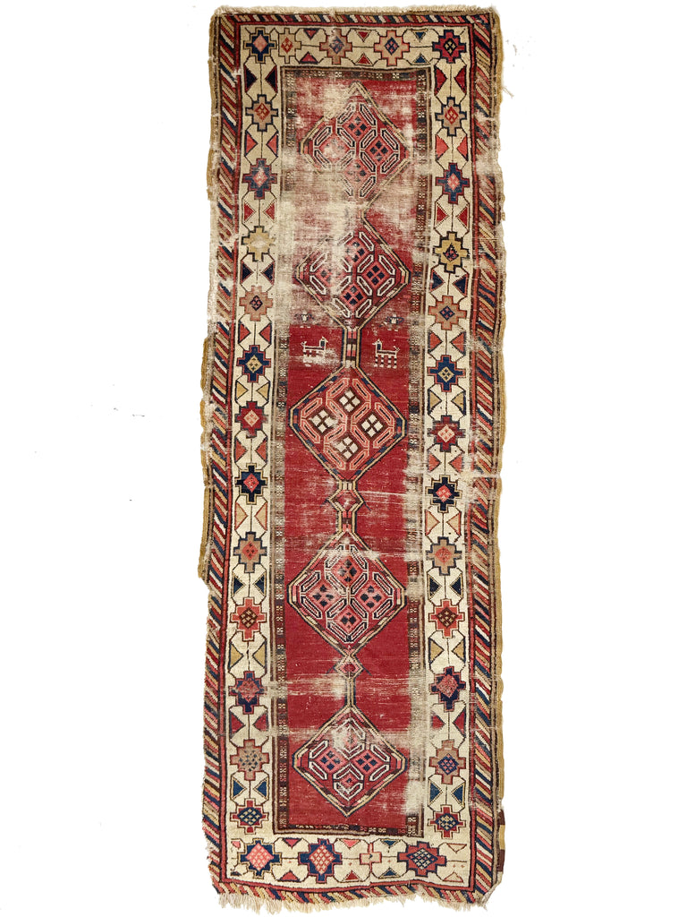 SUPER WORN Caucasian Runner Perfectly Distressed | Rust, Animals, Blues, Beige | 3.3. x 10.2