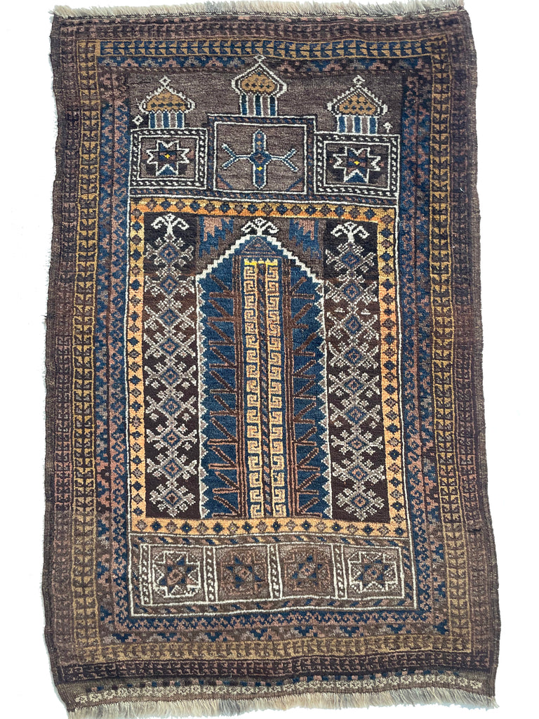 Vintage Prayer Rug | Afghan Directional Piece with Blues, Grey & Yellows | 2.11 x 4.9