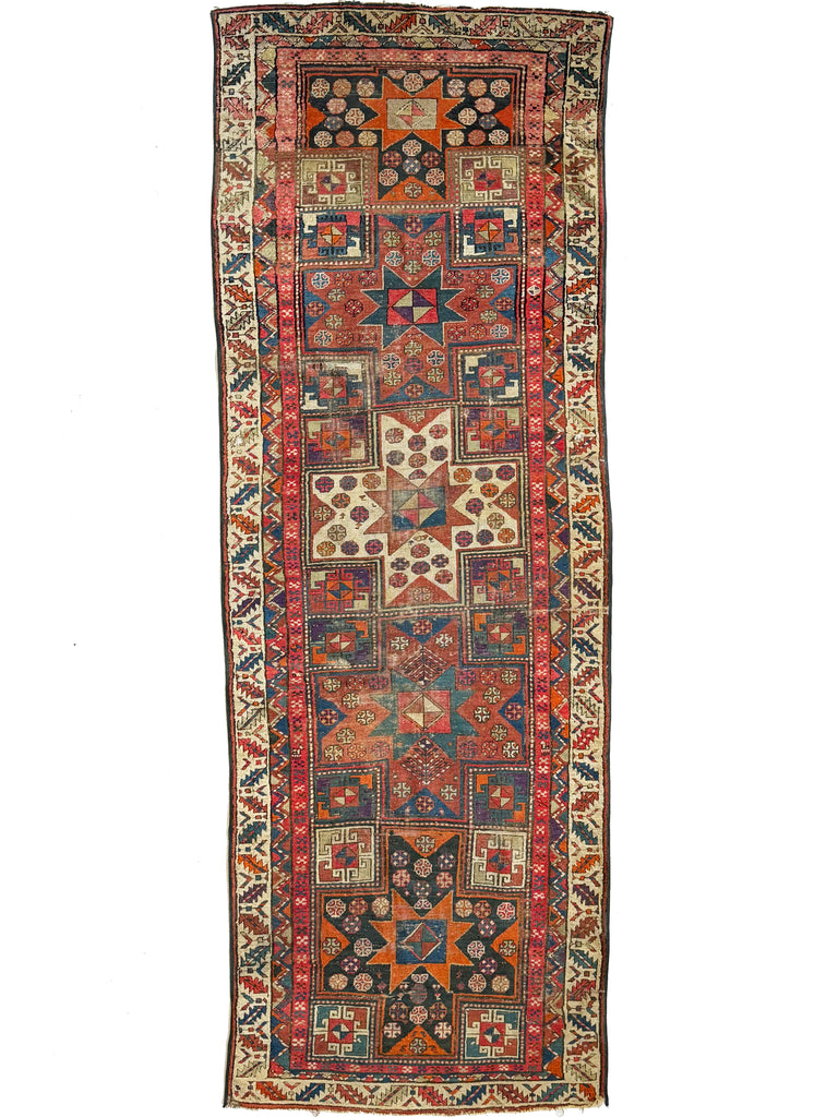 HAPPY & COLORFUL Star Kazak Antique Runner | Every Color with Perfect Patina | 3.6 x 11
