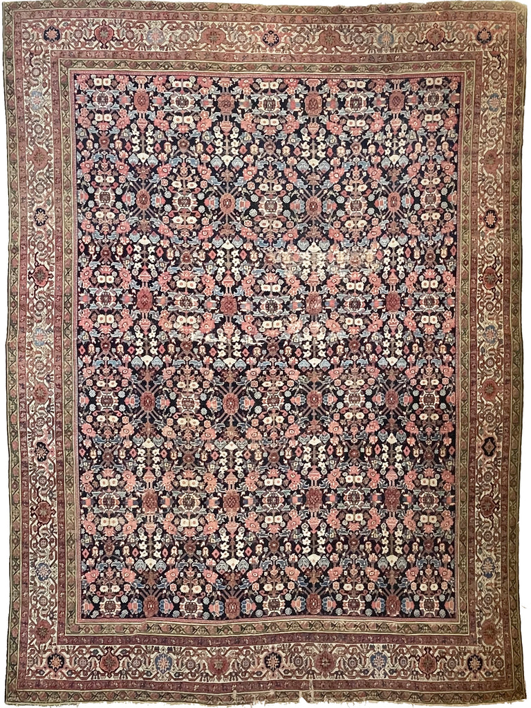 STUNNING Lattice Pattern Room-Size Antique Feraghan | Indigo, Pistachio Green, Ice Blue, Coral | 10.2 x 12.10