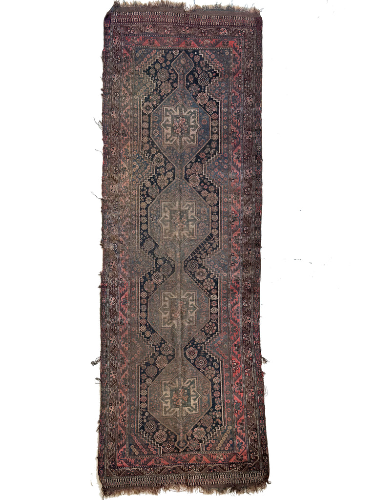 MOODY & Charming Antique Southwest Tribal Runner | Deep Blackish Indigo, Muted Army-Sage Green, Rusty Blush, Taupe | 3.4 x 9.6