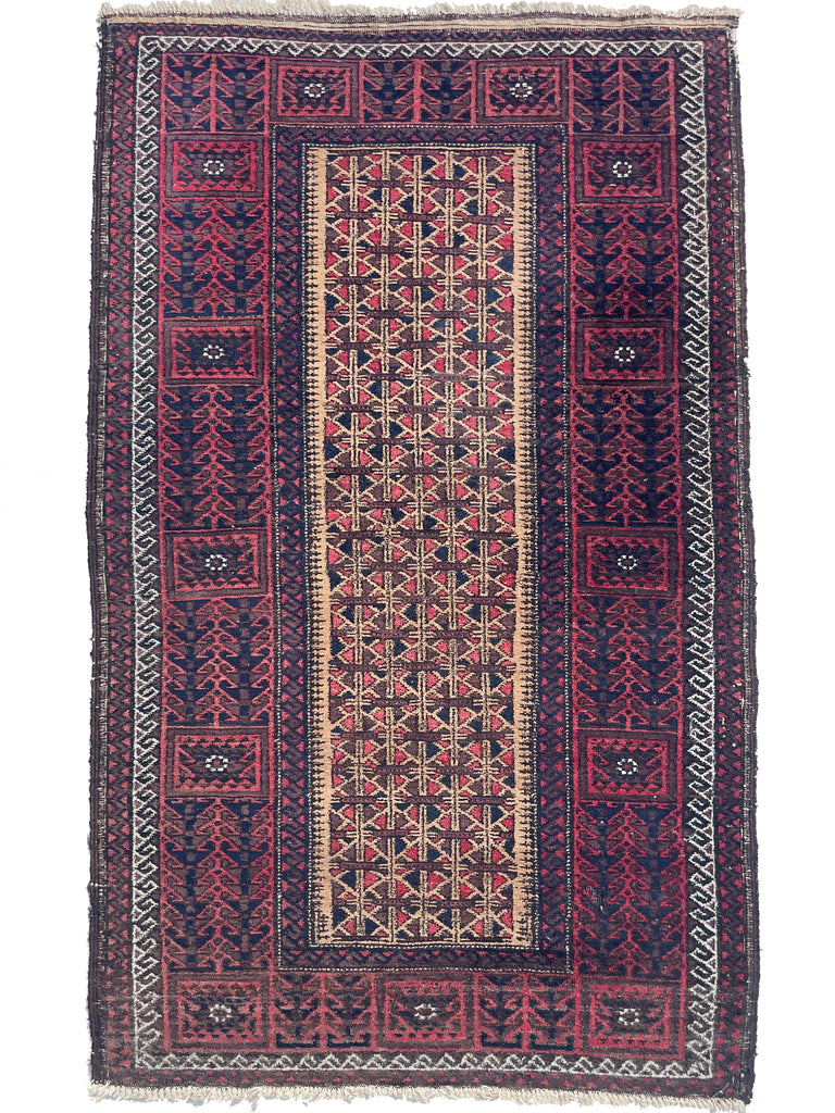 Long Vintage Tribal Afghan Baluchi | Deep Hues and Clean Aesthetic | 3 x 5.4