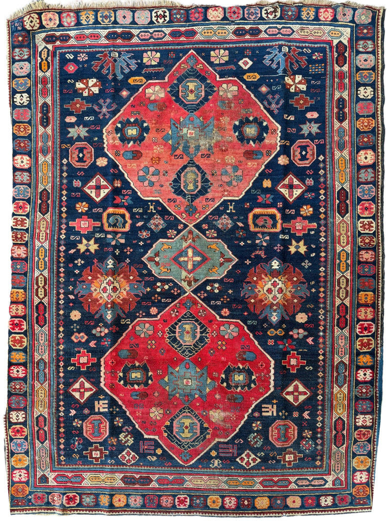 SOLD | OUTSTANDING Caucasian Kuba Rug | Watermelon, Seafoam, Tangerine, Rose, Amber, Indigo | 4.4 x 6