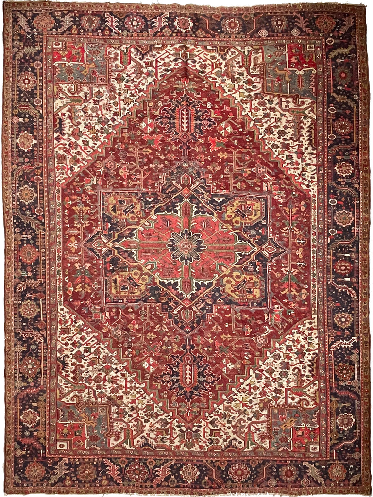 UNIQUE Vintage Heriz | Slate-Teal, Greens, Saffron, Merlot, Brick, & More | 11.4 x 13.8