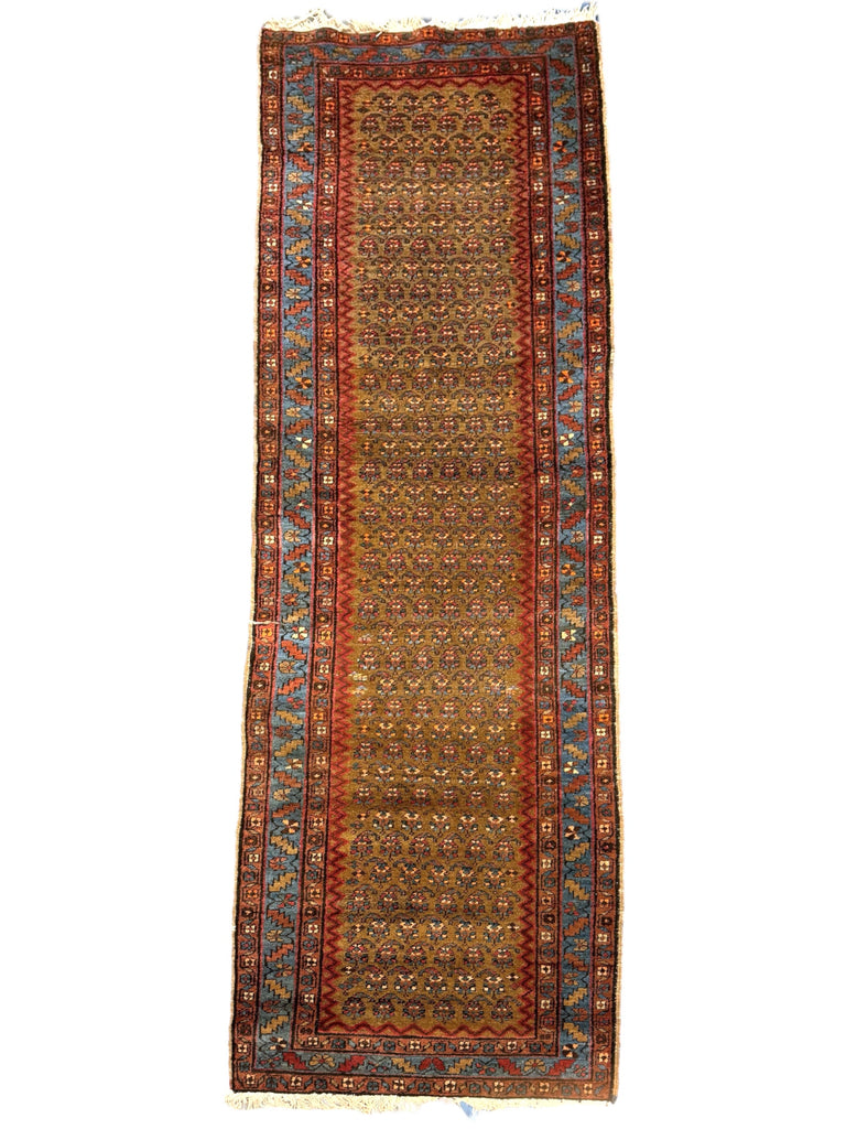 SOLD | Antique SKY BLUE & CAMEL Serab Runner | Boteh Filled Field with Full Organic Wool Pile | 2.9 x 9.3