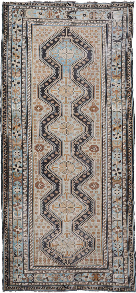 BEAUTIFUL Earthy & Cool Antique Caucasian Wide Gallery Runner | Cashew, Camel, Ice Blue, Espresso | 4.10 x 11.8