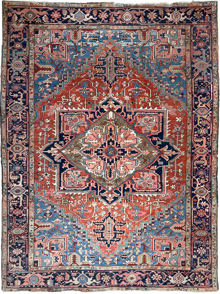 WALNUT MEDALLION Antique Heriz | Gorgeous River Blues, Salmon, Linen, Rust | 9 x 12