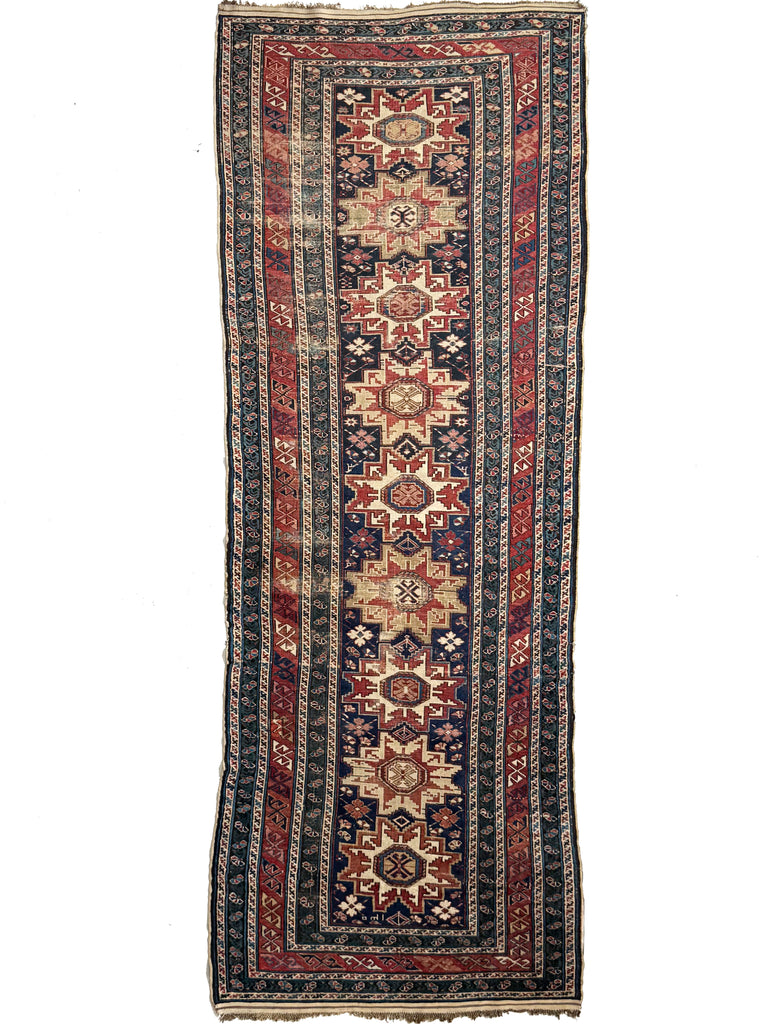 ANCIENT Leshgi Star Design | Navy Shirvan/Kuba Caucasian Runner | 3.9 x 10.9