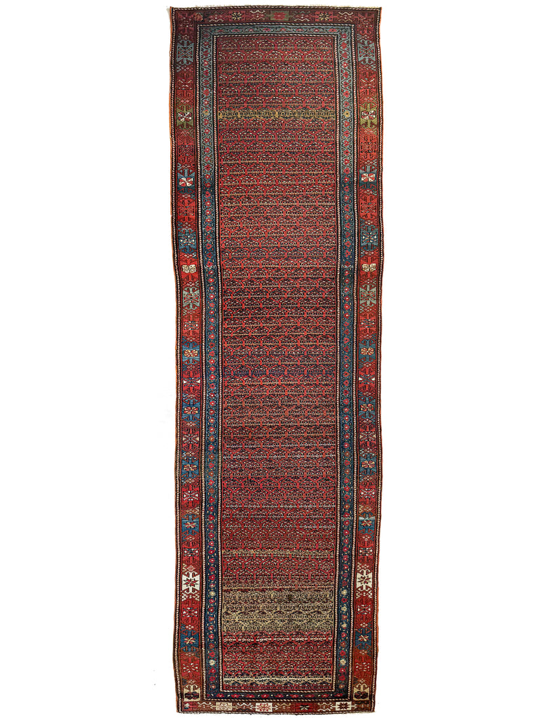 SOLD | CHEERFUL Happy Colorful Beautiful Long Boteh Antique Runner | Reds, Blues, Wheat, Greens | 3.3 x 13.5