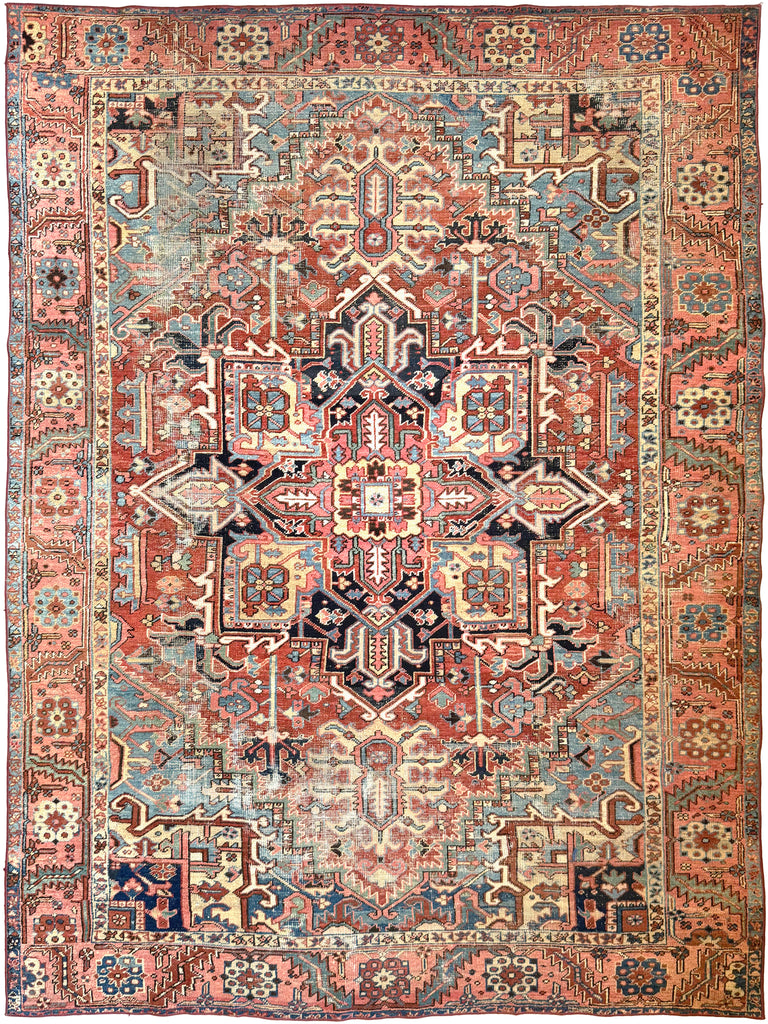Reserved for JL*** SENSATIONAL Antique Heriz in Rare Coral Pink Border with Water Blue Corners | 9.9 x 12.6