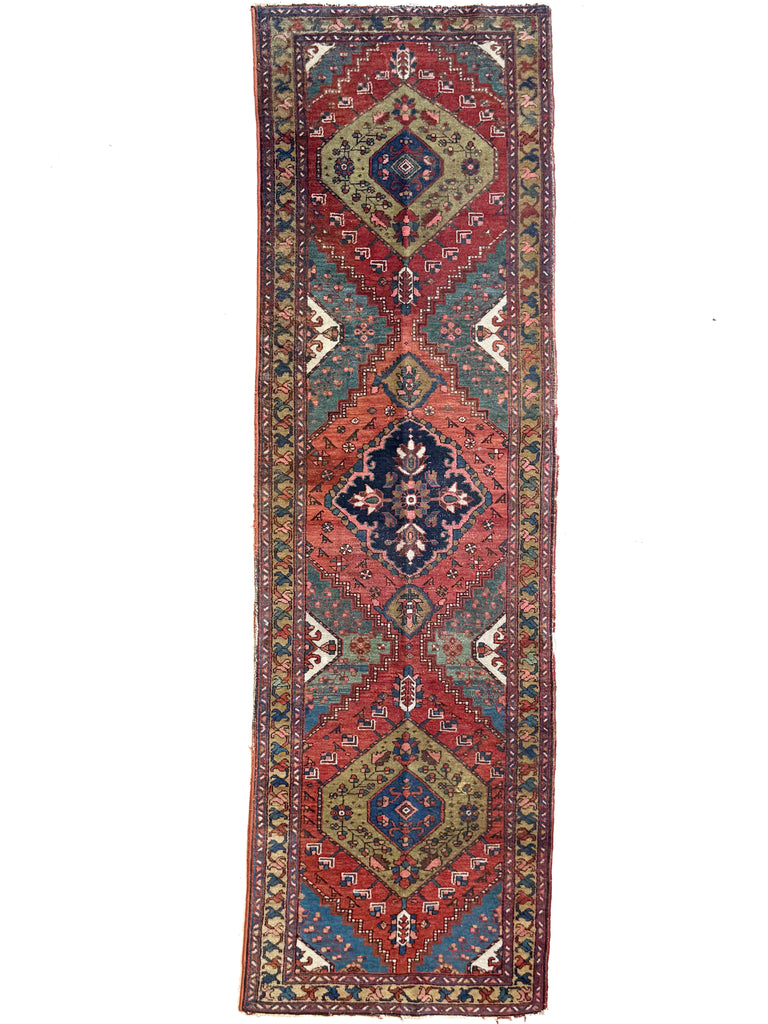 DECORATIVE Antique Heriz Runner | Kiwi, Lake Blue, Rust, Camel, Sage, Melon | 3 x 10.2