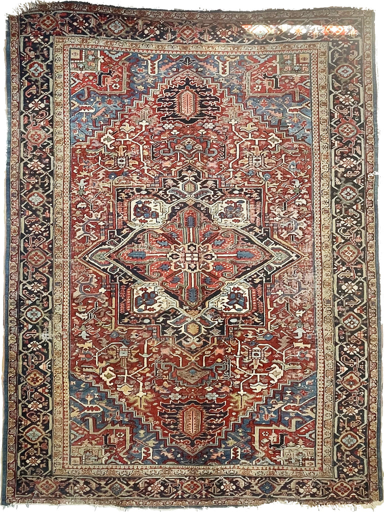 RESERVED FOR TANEL*** (Payment 1 of 2) SENSATIONAL Antique Rug w/ Water Blue Corners, Greens, & Corals | 9.3 x 12.8