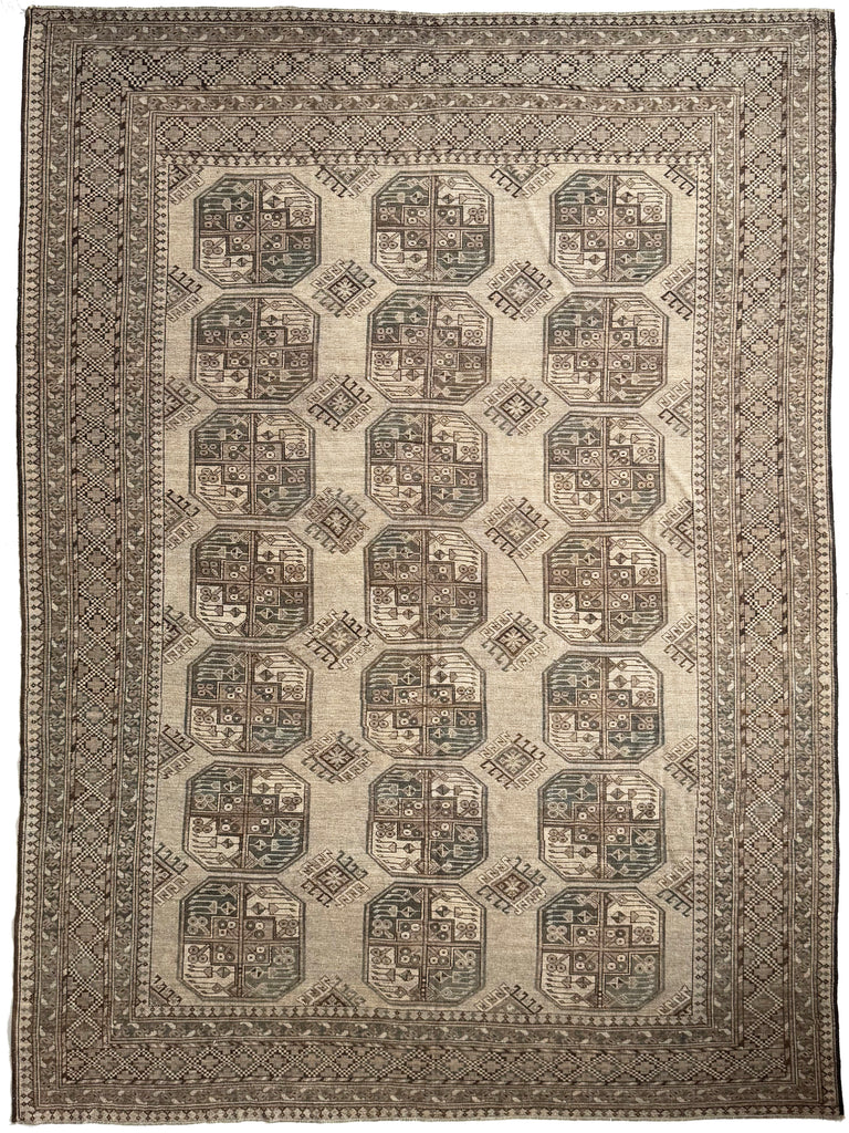LOVELY Muted Cloud Grey, Taupe, and Steel Blue Vintage Ersari Elephant Track Rug | High-Quality Organic Wool | 8.4 x 11.6