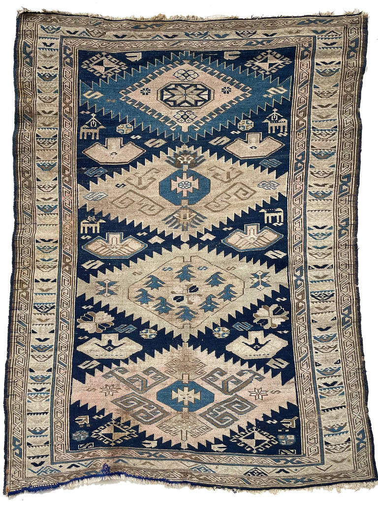 SOLD | HORSEBACK RIDING Collector's Antique Caucasian Kuba Rug | Pale Sage Green, Celadon, Muted Pink, Blues, etc | 4.2 x 5.6