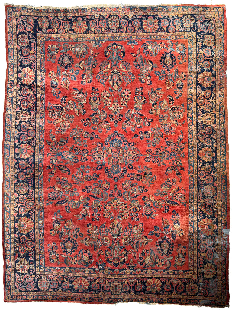 Wonderful Old-World Antique Persian Sarouk | Fine Wool in Rusty Melon Red, Indigo, and Gold | 9.2 x 11.4