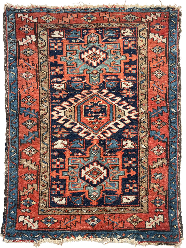 SOLD | DROP DEAD GORGEOUS Antique Karaja | Glowing Terracotta, Deep Ink, Seafoam Green, Camel | 3.5 x 4.3