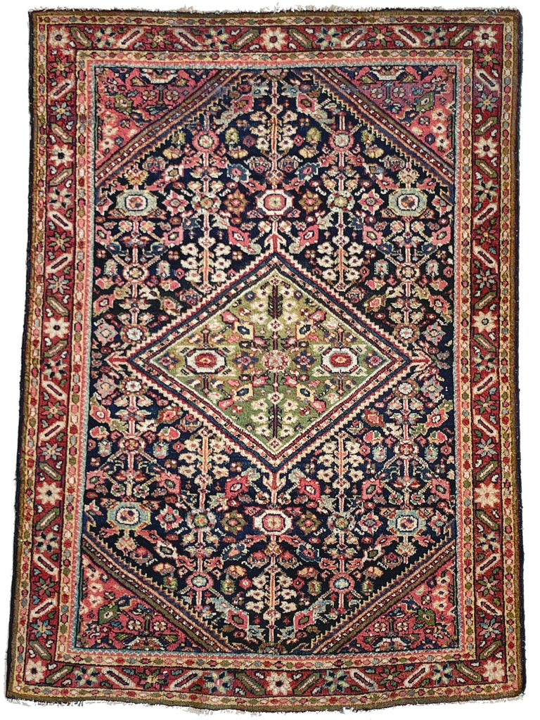 Unique Two-Toned Greens Antique Rug | Navy Lattice Design with Green Medallion | 4.9 x 6.5
