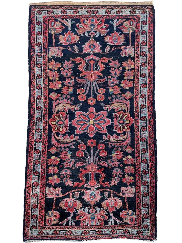 SOLD | ARTISTIC Antique / Vintage Lilihan Hamadan | Navy, Ice, Salmon, Strawberry | 2.8 x 5.2