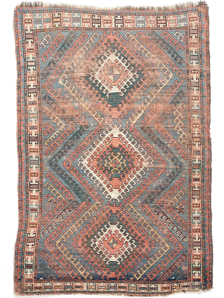 SENSATIONAL SKY BLUE Antique Caucasian Rug with Ram Horn Outlined Diamonds with Terracotta, Emerald Green, & Wheat Hues  | 4.4 x 6.4