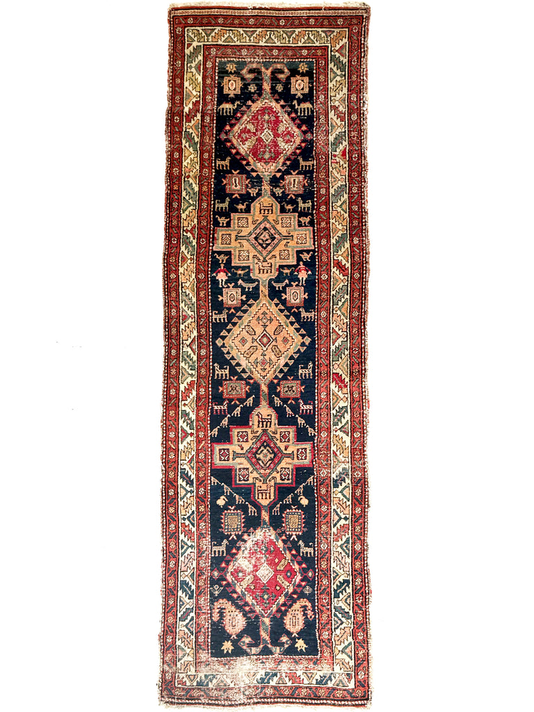 SOULFUL Village Life Antique Runner | Indigo, Apricot, Sage, Women, Birds, Guard Dogs | 2.10 x 10.9