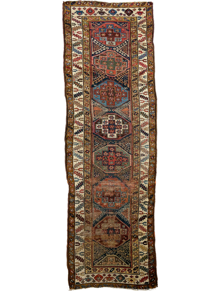 COLOR MASTERCLASS Antique Tribal Runner | Greens, Blues, Camel, Pinks, Eggplant | 3.6 x 11.4