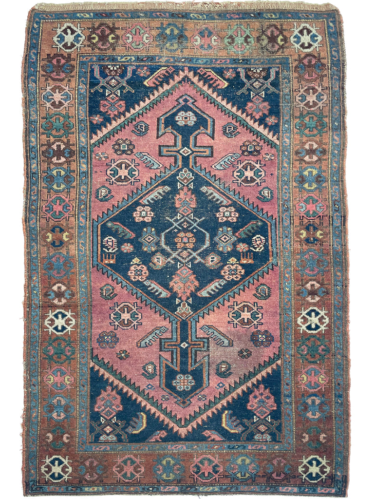FANTASTIC Tribal Rug with COPPER Border, Pinks, Deep Blues & Salmon | 3.3 x 5.8