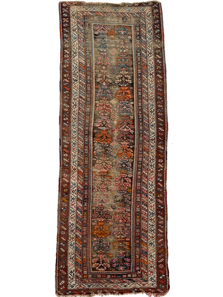 LOVELY Antique Kurdish Runner with Oxidized Browns, Pinks, Tangerine & More | 3.2 x 8.9