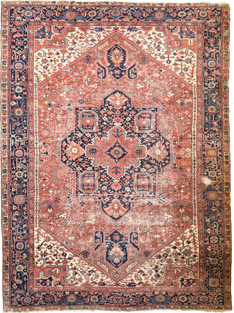 DECORATIVE Antique Heriz Carpet | Raw Earthy Rusty & Clay Undertones, Beige, Green, Coral, Camel, Indigo | 9.10 x 13.4