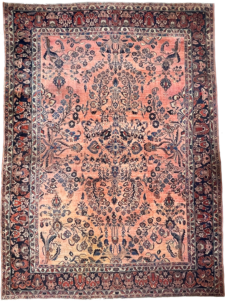 GLOWING Antique Botanical Sarouk GEM | Salmon, Coral, Pink, Blush with Deep Indigo & Peacock Blue | 10.3 x 13.4