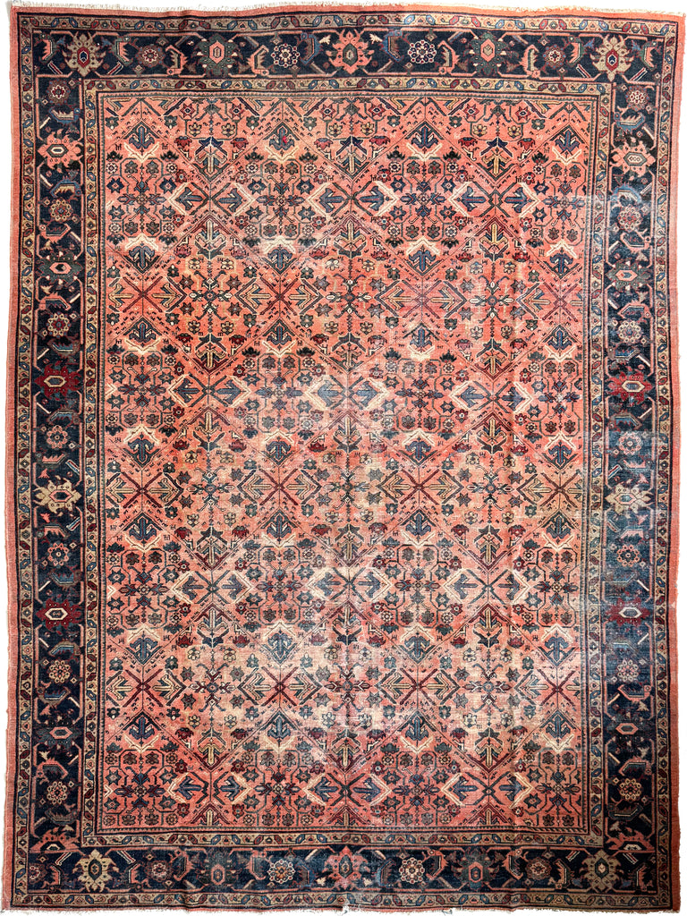 DIVINE Antique Lattice Mahal in Deep Yet Muted Coral, Greens, Taupe, Turquoise, Navy | 9 x 12
