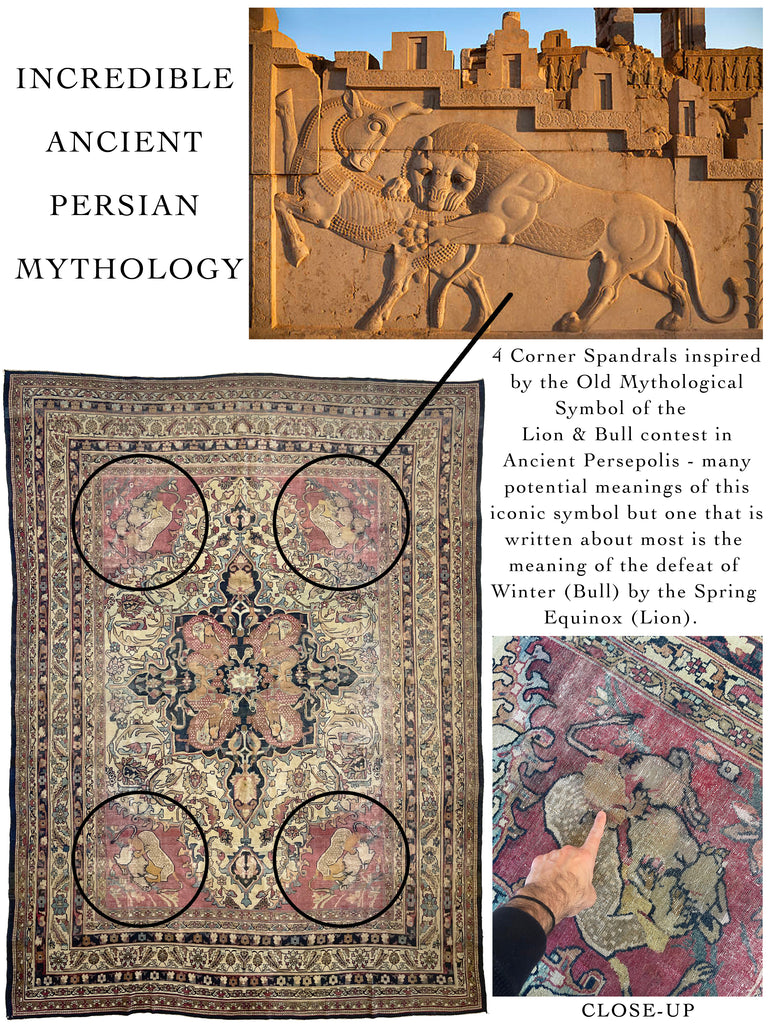 "HALAL" MUSUEM PIECE | 1880's Antique Persian Kerman Lavar | "LION VS BULL" Ancient SPRING EQUINOX Mythology | 9.2 x 12.5
