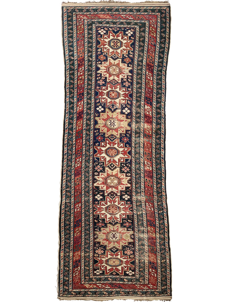 ANCIENT Leshgi Star Design | Navy Shirvan/Kuba Caucasian Runner | 3.9 x 10.9