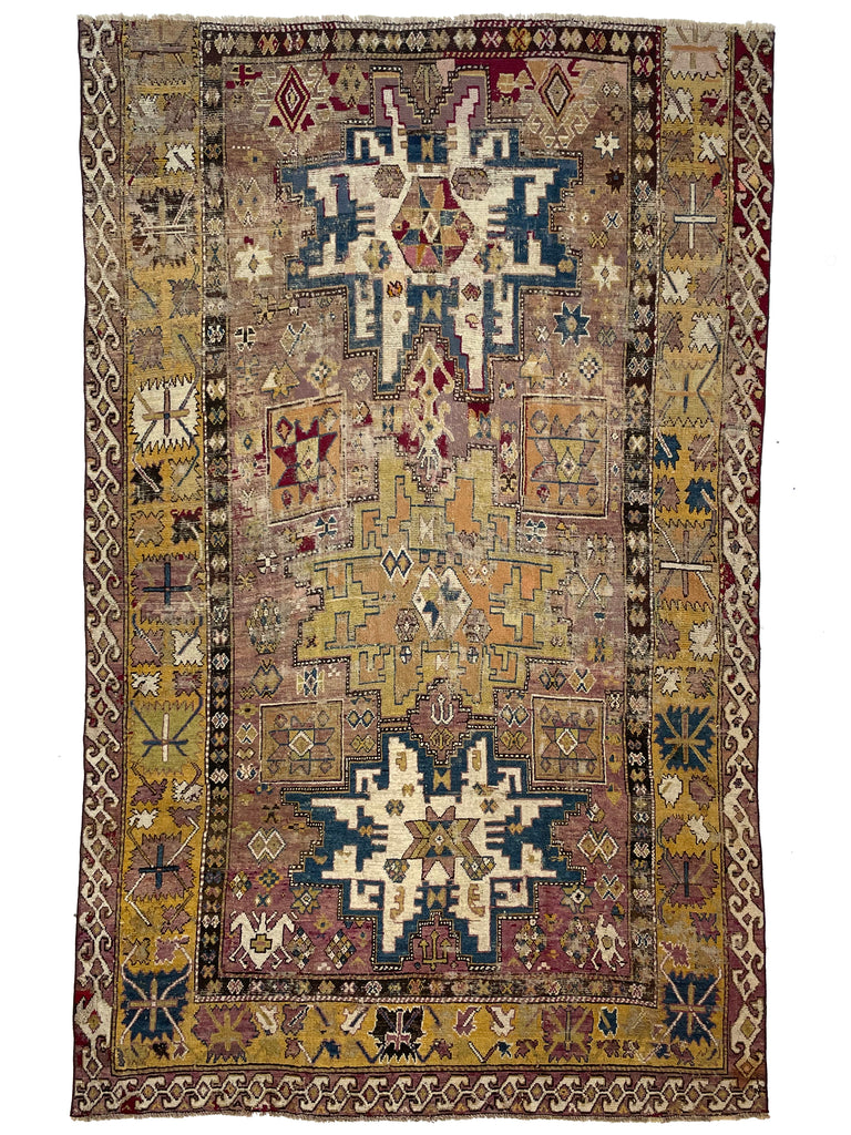 UNBELIEVABLE  Antique Karabagh Textile | RARE Room Size Leshgi Star with Lavender, Sunflower Yellows, & Blues, WOW ~ 6.9 x 10.9