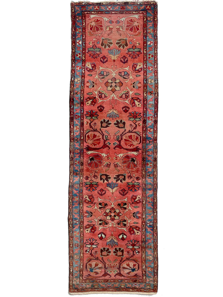 SOLD | ENCHANTING Coral with Ice Blue & GREEN Vintage/Antique Lilihan Sarouk Runner | 2.7 x 9.5