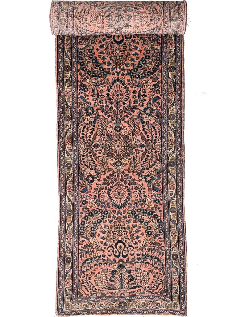 SOLD | 24 FEET LONG!! Perfect for GRAND STAIRWAY / STAIRCASE or BALLROOM HALLWAY Vintage Sarouk Runner | Coral, Salmon, Moss/Sage Green, Blues, Mocha | 2.9 x 24.2