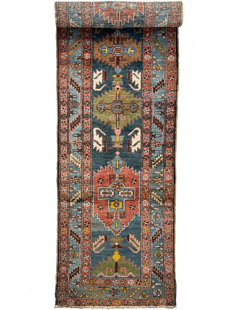 RARE Narrow and Long Antique Heriz Runner in Handsome Design | Navy, Kiwi Greens, Earthy Rust, Camel & Almond | 2.11 x 17.3