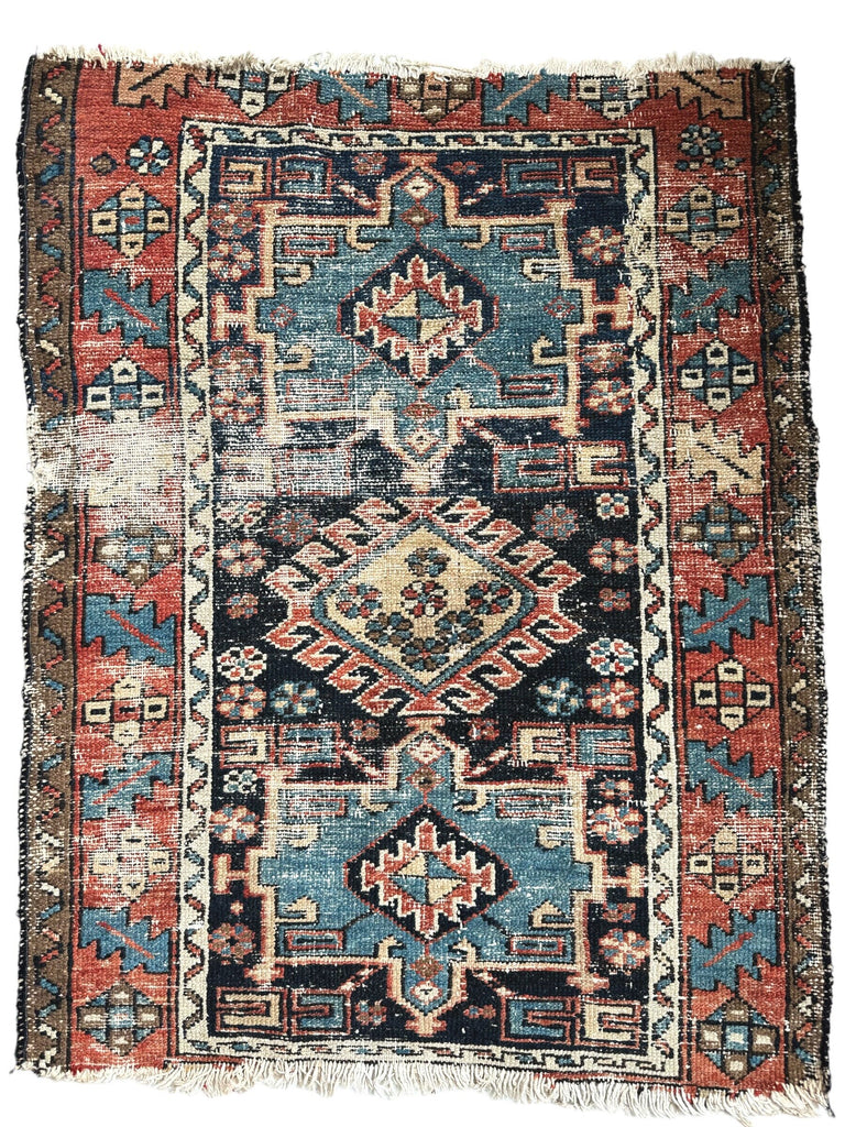 SOLD | MIGHTY Small but Powerful Antique Karaja | Navy, Camel, Rust, Green | 2.9 x 3.6