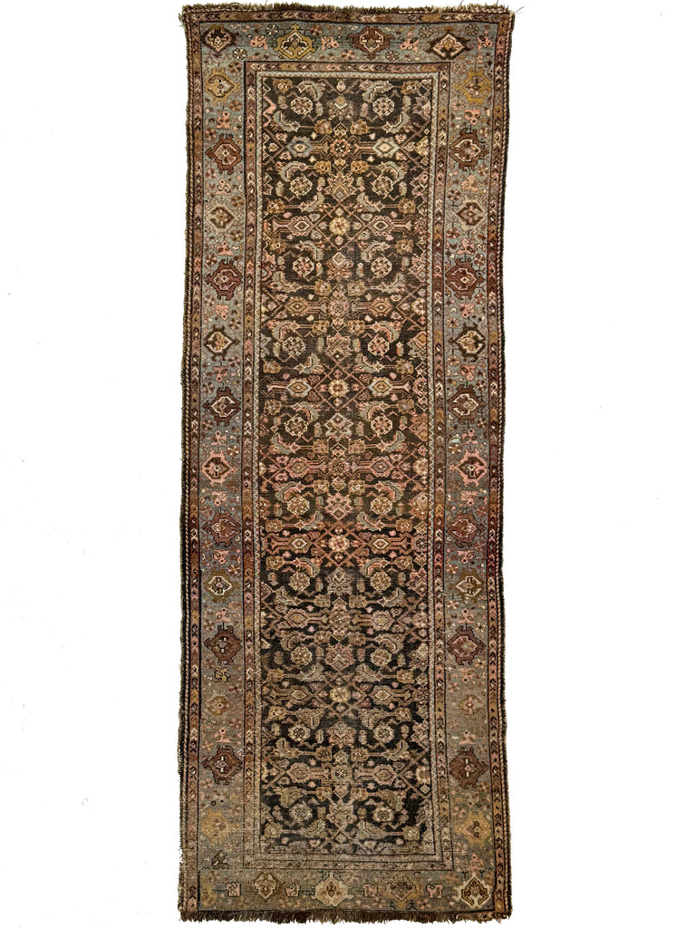 SMOKEY Antique Kurdish Herati Runner | Gorgeous Black, Espresso, Slate Blues & Greens | 3.5 x 9.7