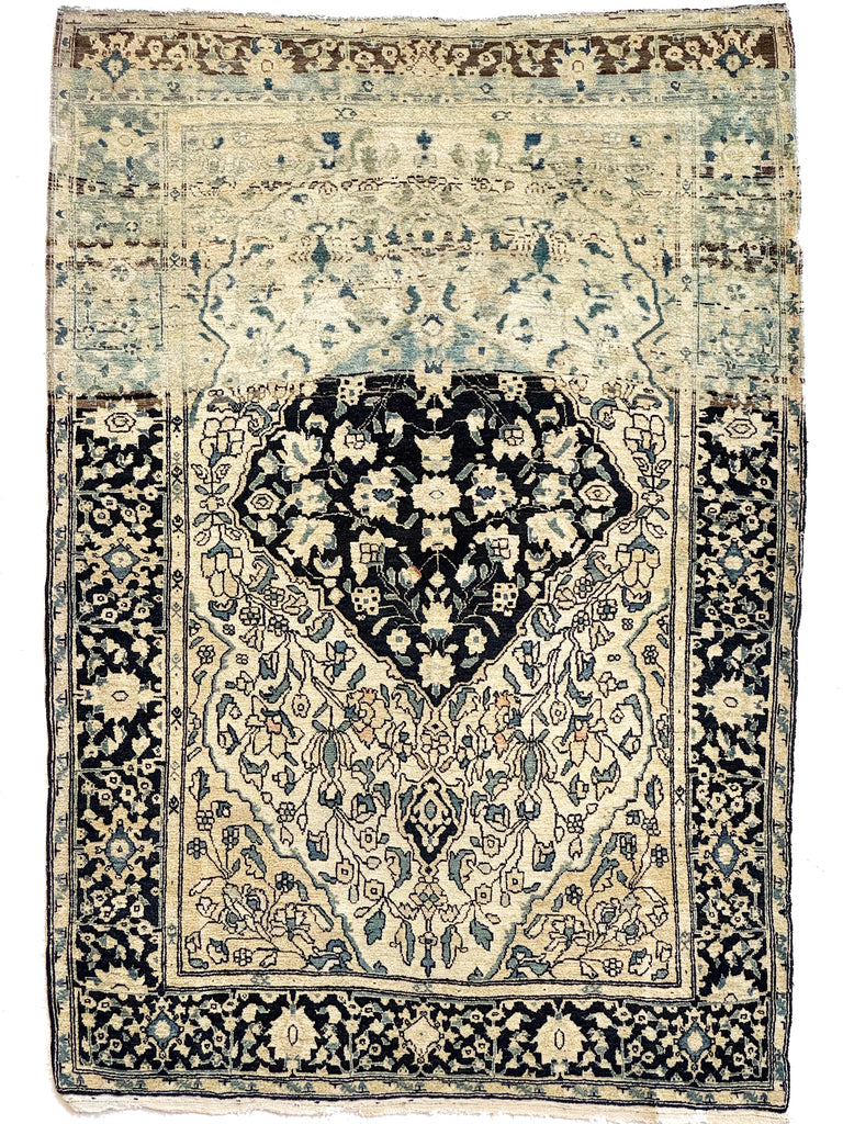 MUTED Antique Ferahan Sarouk | Ivory, Buttery Eggshell, Indigo, Water Blue | 3.3 x 4.8