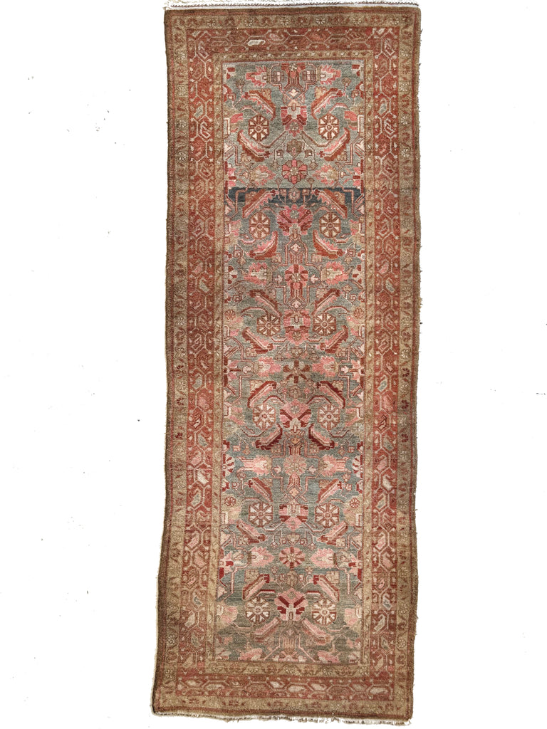 Muted Herati Runner with Slate Blue, Taupe, Rose, Camel, and Rust | Soft Plush Pile | 3.6 x 10