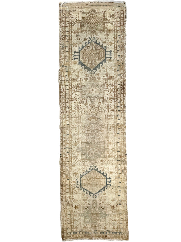 AIRY Muted Vintage Persian Karaja Runner | Eggshell, Buttery Ivory, Seafoam, Denim, Wheat | 3 x 11.5